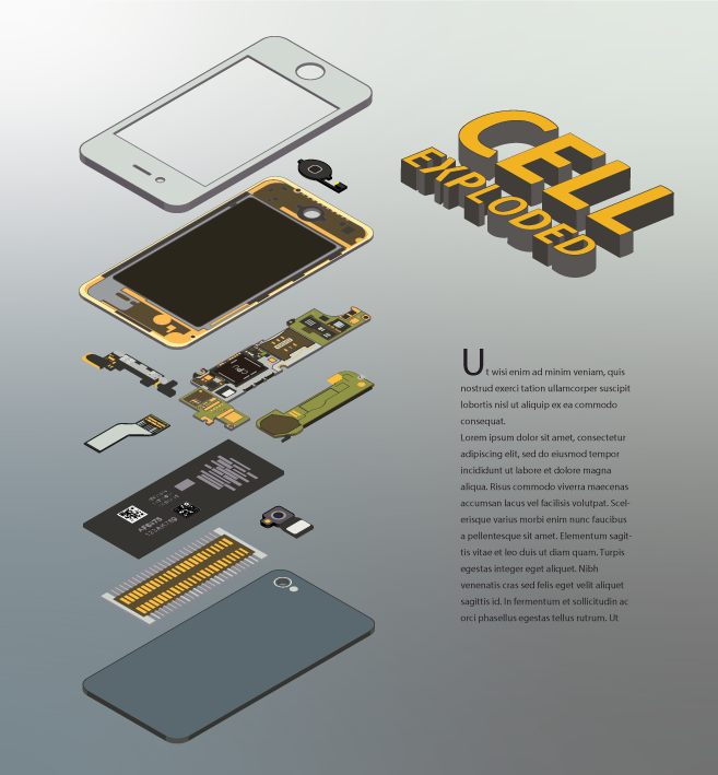 exploded technical illustration of the inside of a cel phone